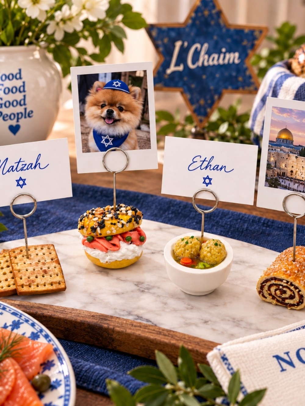 Jewish Food Place Card & Photo Holders Set of 4 | Matzah Ball Soup, Bagel & Lox+